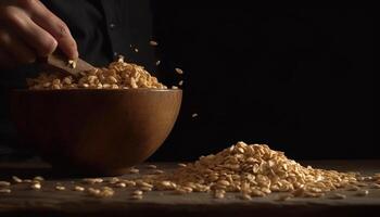 Organic oatmeal bowl, close up of healthy vegetarian meal preparation generated by AI photo