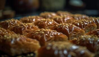 recién horneado baklava, un dulce turco postre, es un gastrónomo indulgencia generado por ai foto