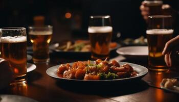 Beer glass on table, men drinking, pub food, social gathering generated by AI photo