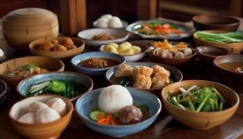 Freshness and variety in a homemade Chinese dumpling meal generated by AI photo