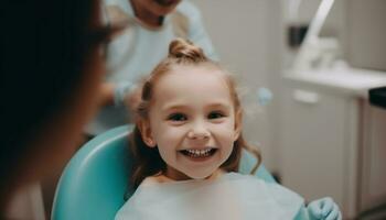 sonriente niño y adulto visitar alegre dentista en cuidado de la salud oficina generado por ai foto