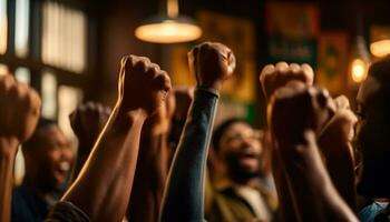 A diverse crowd celebrates success, cheering with raised arms generated by AI photo