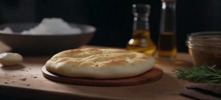 Homemade bread on wooden table, fresh, rustic, healthy, delicious meal generated by AI photo