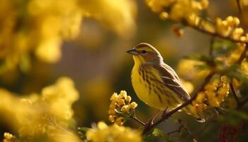 A small yellow finch perching on a branch in nature generated by AI photo