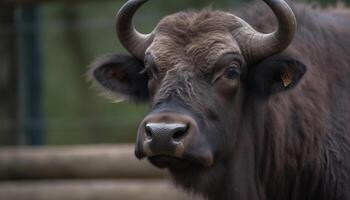 Close up portrait of a cute cow grazing in green meadow generated by AI photo