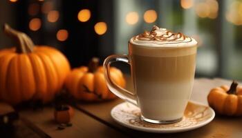 Pumpkin latte on wooden table, autumn warmth in a cup generated by AI photo