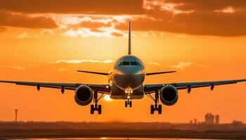 Flying commercial airplane at sunset, taking off for business travel generated by AI photo