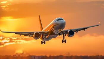 Airplane flying, sunset sky, business travel, passenger journey, engine speed generated by AI photo