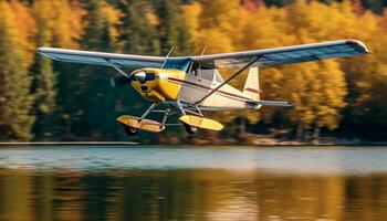 Flying propeller airplane in mid air over blue water and yellow forest generated by AI photo