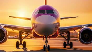 avión tomando apagado, volador hacia atardecer, transportar pasajeros en viaje generado por ai foto