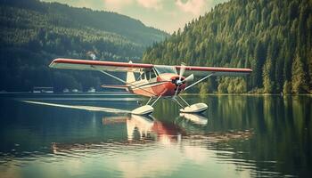 Flying seaplane reflects beauty in nature, transporting passengers over water generated by AI photo