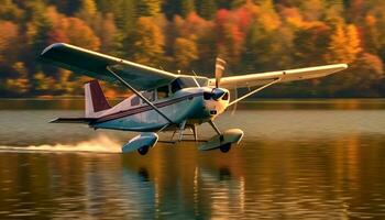 Flying seaplane reflects beauty in nature, taking off over yellow pond generated by AI photo