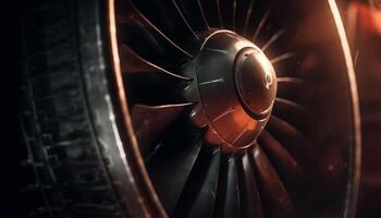 Close up of a shiny propeller turning on a metallic engine generated by AI photo