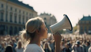 joven mujer gritos con megáfono en un protesta multitud al aire libre generado por ai foto