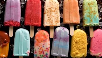 Multi colored ice cream cones on a wood background, a summer indulgence generated by AI photo