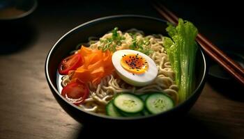 Freshness and healthy eating in a bowl of Japanese ramen noodles generated by AI photo