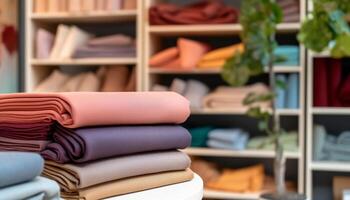 Fashion store displays modern clothing collection on wooden shelves generated by AI photo