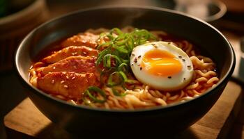 recién cocido gastrónomo comida Cerdo sopa con vegetales y ramen tallarines generado por ai foto