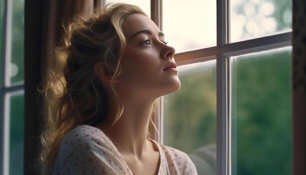 A beautiful young woman looking through the window, contemplating life generated by AI photo