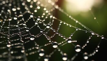 Spider web glistens in dew, close up of nature intricate trap generated by AI photo