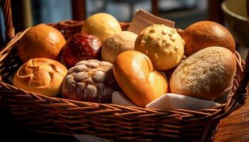 Freshly baked bread in a rustic wicker basket, a gourmet delight generated by AI photo