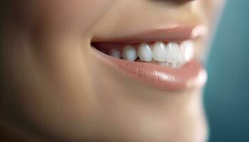 Close up of one smiling woman with fresh, healthy teeth and lips generated by AI photo