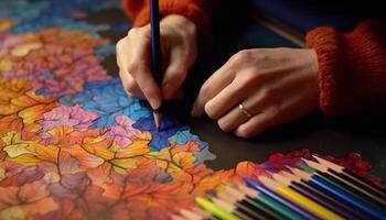 Creative artist holding multi colored pencils, painting on paper with craft generated by AI photo