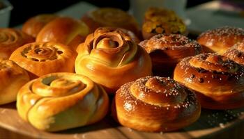 Freshly baked homemade sweet bun on wooden table, ready to eat indulgence generated by AI photo