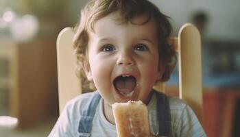 A cute Caucasian child eating a sweet snack, smiling joyfully generated by AI photo