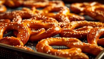 Freshness and indulgence in a stack of crunchy, baked pretzels generated by AI photo