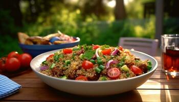 Freshness on a wooden table healthy salad with organic vegetables generated by AI photo