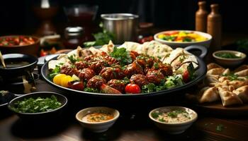 Grilled meat, tomato, vegetable, gourmet meal, barbecue, freshness, salad generated by AI photo