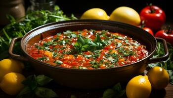 Fresh, healthy vegetarian meal on wooden table with tomato and parsley generated by AI photo