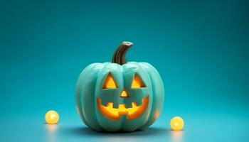 Spooky pumpkin lantern glows in dark, symbolizing Halloween celebration generated by AI photo