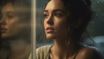 joven mujer mirando mediante ventana, reflejando en su belleza y tristeza generado por ai foto