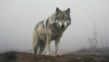 A cute wolf howling in the snowy forest, alert and watching generated by AI photo