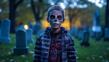 One spooky night, a smiling young adult walked among tombstones generated by AI photo