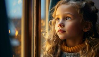 A cute girl looking through window, smiling with happiness generated by AI photo