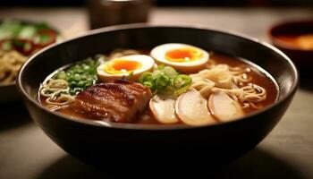 Freshly cooked ramen noodles with pork and vegetables in a bowl generated by AI photo