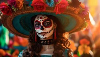 un alegre celebracion de mexicano cultura con vistoso disfraces y decoraciones generado por ai foto