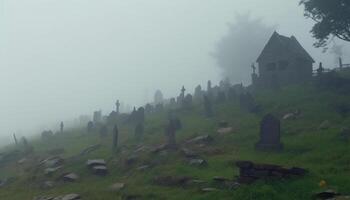 Spooky fog blankets ancient chapel in Asturias, creating mysterious tranquility generated by AI photo