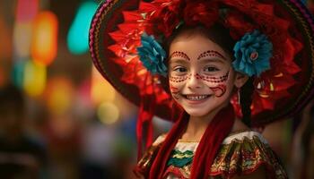 sonriente niña en tradicional disfraz disfruta al aire libre festival con amigos generado por ai foto