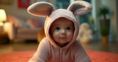 Cute baby boy, small and cheerful, playing with rabbit indoors generated by AI photo