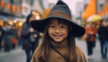 sonriente niño al aire libre, alegre y lindo, mirando a cámara alegremente generado por ai foto