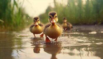 Cute duckling with fluffy feathers enjoys the outdoors near a pond generated by AI photo