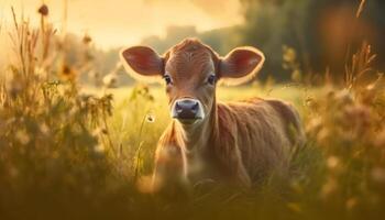 Cute cow grazing in green meadow under the summer sun generated by AI photo