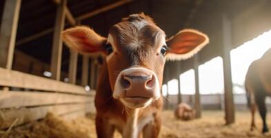 Cow grazing in a meadow, looking cute, standing in sunlight generated by AI photo