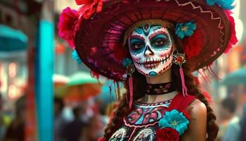 sonriente mujer en tradicional mexicano disfraz a vistoso Víspera de Todos los Santos desfile generado por ai foto