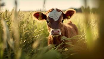 Cow grazing in a green meadow on a sunny summer day generated by AI photo