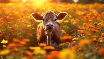 vaca pasto en un verde prado, rodeado por hermosa flores generado por ai foto